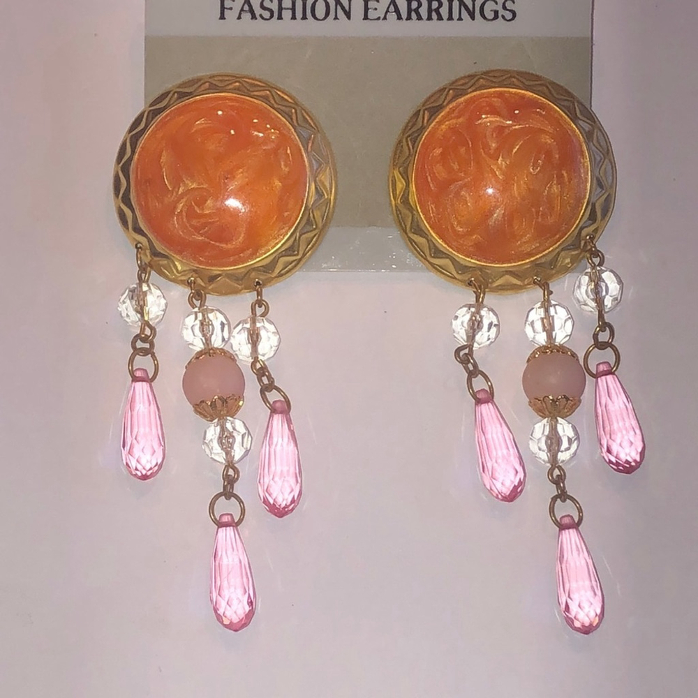 Vintage Gold Tone and Orange Shimmer Pink Beaded Retro Dangle Earrings